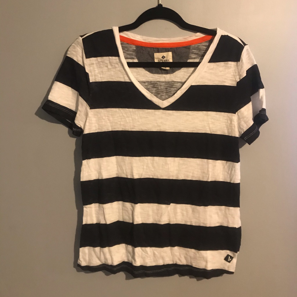 Sperry White And Navy Striped V-Neck T Shirt